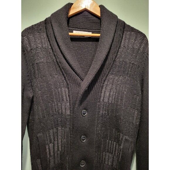 Calvin Klein Black Shawl Collar Chunky Cardigan Sweater Pockets Sz M Grandpa - Picture 2 of 6